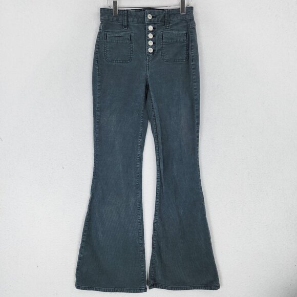 American Eagle Pants Womens 0 Gray Corduroy Super Hi Rise Flare Button Fly - Picture 1 of 12